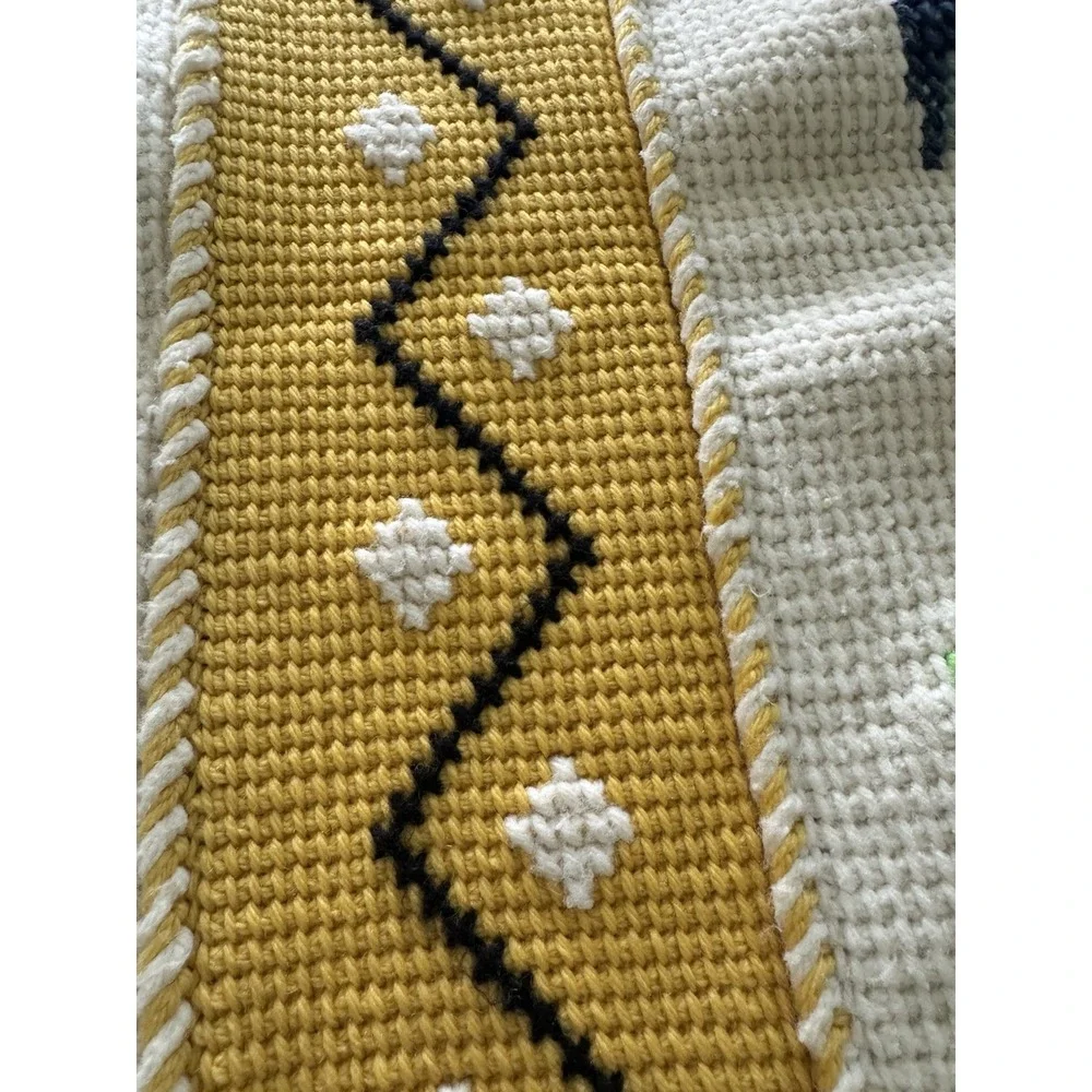 Vintage Hand Needlepoint Floral Afghan Cottagecore Farmhouse Wall Art 42x62